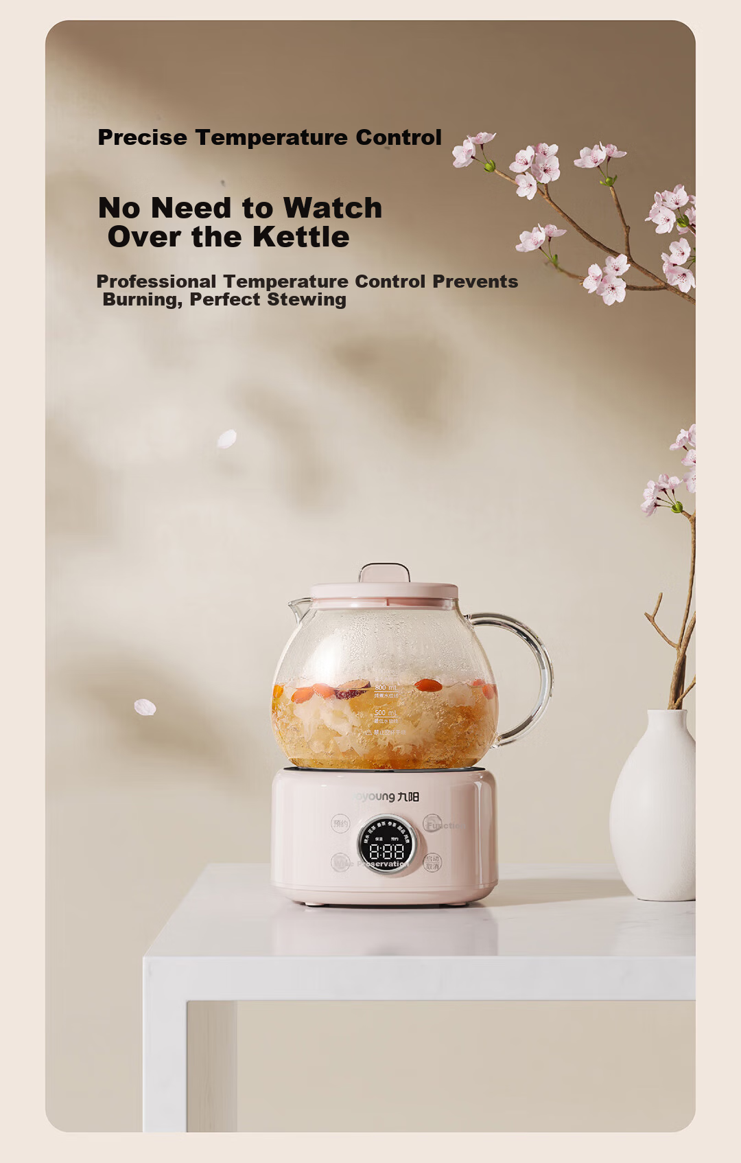 Joyoung 1L Glass Health Pot Temperature Control Kettle Multifunctional Tea Kettle Office Flower Tea Kettle No Glue Water Boiler 24H Reservation 24H Keep Warm K10D-WY102 13