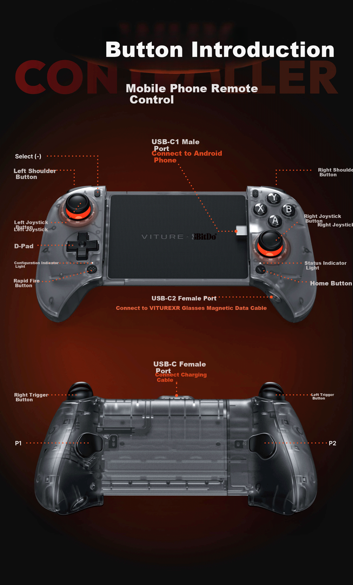 VITURE x 8BitDo AR Glasses Dedicated Mobile Game Controller Reclining Win Gamepad Streaming Genshin Impact Honkai: Star Rail Compatible with Android 10