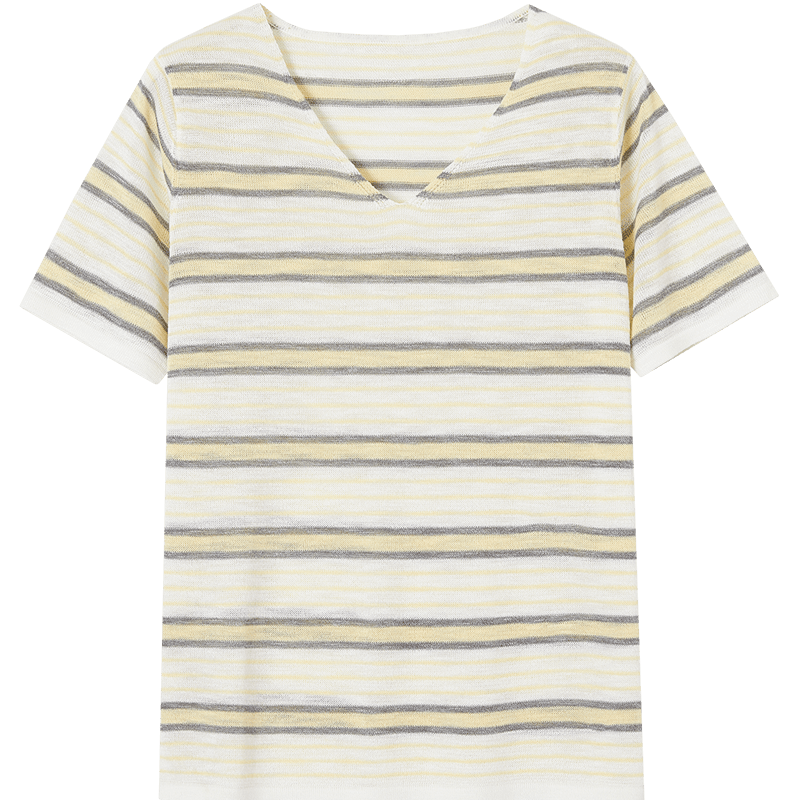 Demana [with Lyocell] Summer Lightweight V-Neck Striped Color-Block Short Sleeve Slim Fit Petite Knit Top for Women Premium Quality