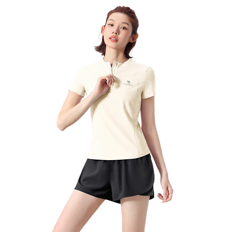 CAMEL Women's Running Fitness Two-Piece Set Casual Anti-Exposure Shorts Outfit Y23BA4L0030B5 Light Moon Yellow S