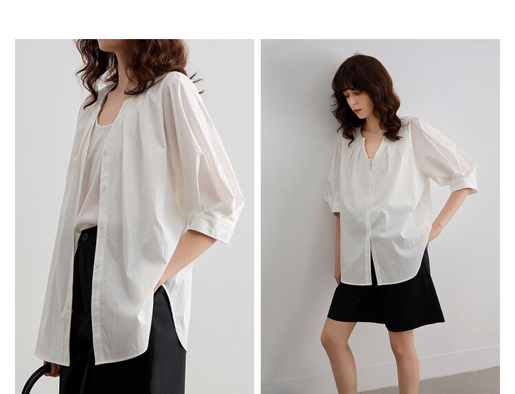 Demana Urban White Moonlight Summer Elegant Pleated V-Neck Cotton Nylon Stretch Loose Slim Shirt for Women Premium Feel 7