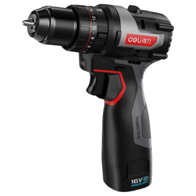 Deli Red Core Series 16V Brushless Impact Drill Cordless Lithium Electric Screwdriver Household Rechargeable Drill Wall Drilling Machine