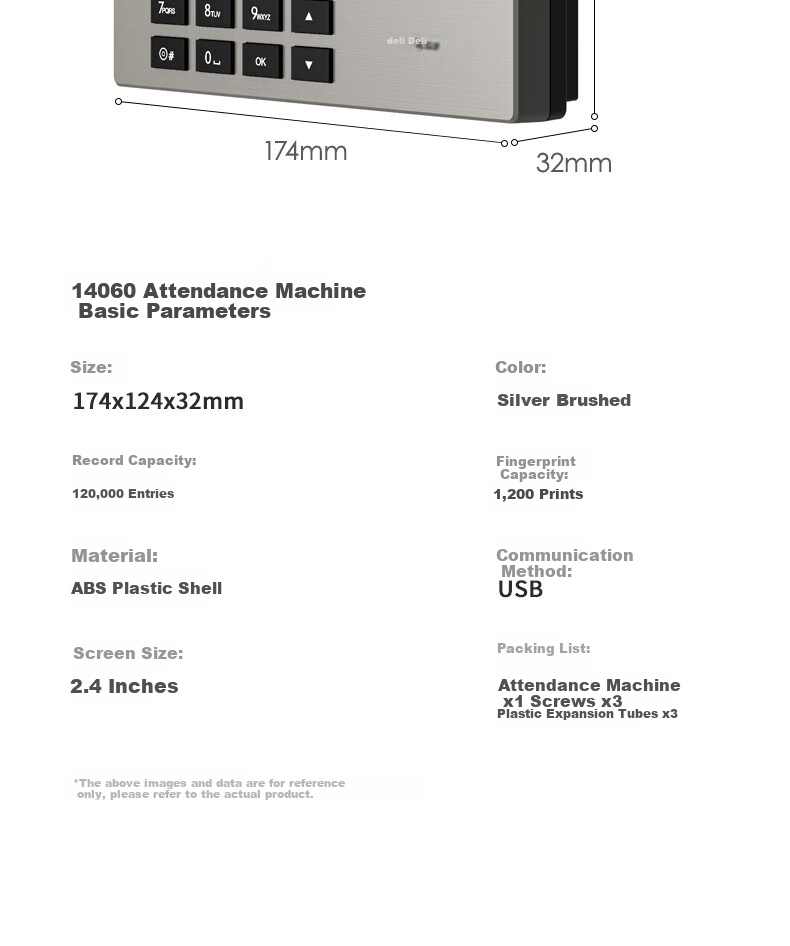Deli AH100 Fingerprint Attendance Machine 1200 Prints 36 Departments Large Capacity Sensitive Optical Fingerprint Recognition TFT Color LCD 14