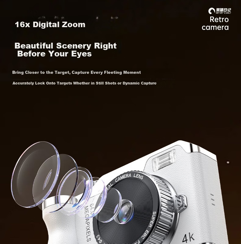 Black Cat Diary DK14 Digital Camera Y01 Instant Camera CCD Handheld Portable Photography Recorder HD Beauty Selfie Anti-Shake Vlog Student Kids Pink 10