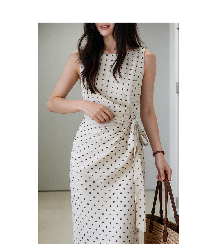 Demana [South of France Holiday] Summer French Elegant Polka Dot Round Neck Sleeveless Side Slit Waist Cinched Dress for Women Premium Quality 10