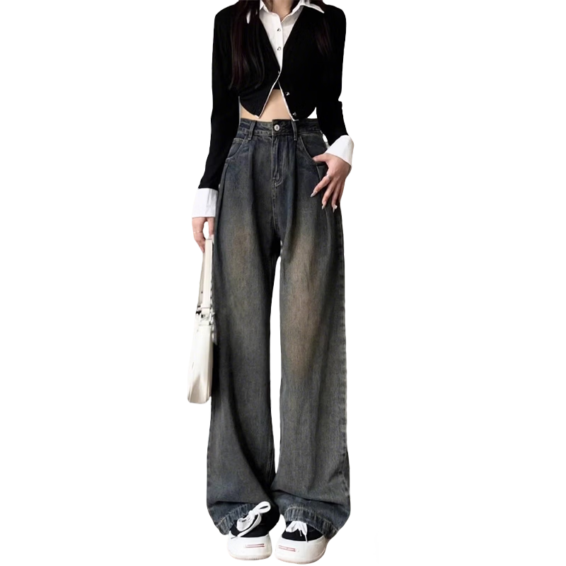 Yishangmei Women's Jeans, Spring And Autumn 2026 New Style, High-Waisted Slimming Retro Wide-Leg Pants, Loose-Fitting Petite Black Straight-Leg Trousers