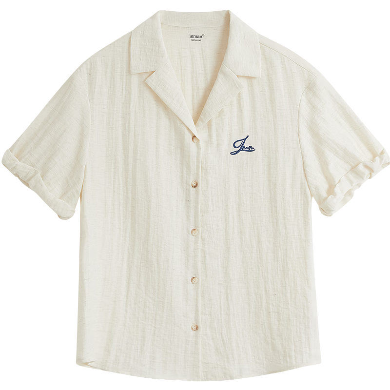INMAN Summer 2026 Women's Blue Short Sleeve Linen Wrinkle-Texture Shirt in Apricot Gray M