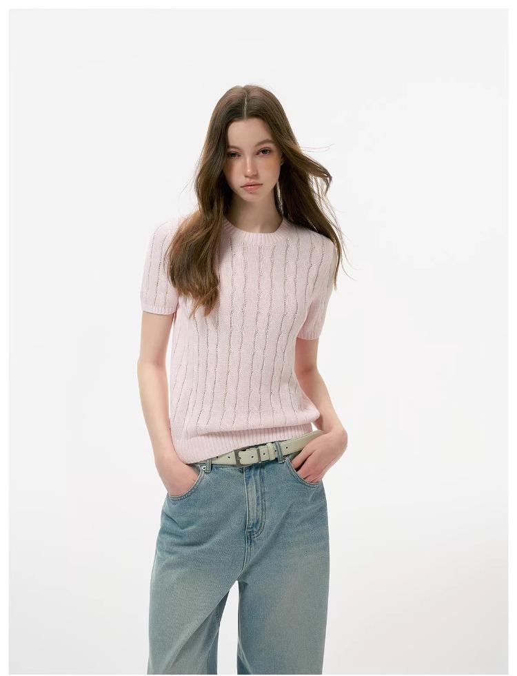 ICH MODE Intelligent Old Money Round Neck Cable Knit Short Sleeve Women's Summer Thin Mesh T-Shirt Pure Cotton Base Top Spring Off-White S 6