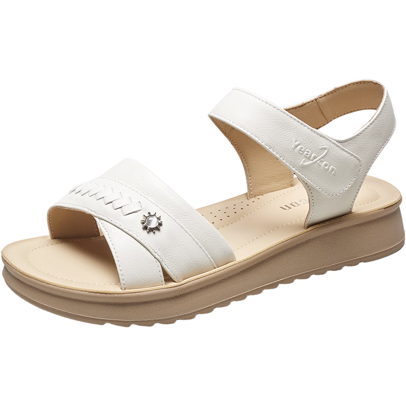 Eierkang Women's Genuine Leather Soft Sole Magic Tape Comfortable Wedge Sandals for Middle-aged and Elderly Moms 18061W Off-white Size 40