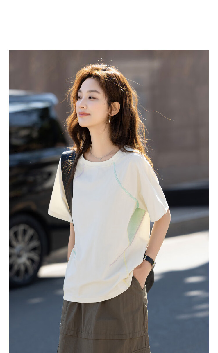 Demana [Cool Feeling Sorona] Summer Simple Style Round Neck Color-Block Quilted Stitching Loose Slim Fit T-Shirt for Women Premium Quality 11