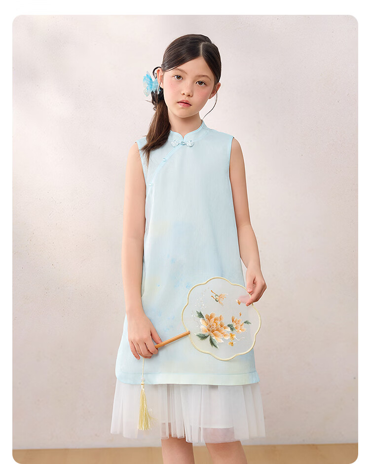 Balabala Girls Dress Children's Dress 2026 Summer New Baby New Chinese Style Qipao Dress Spliced Mesh Sweet 19