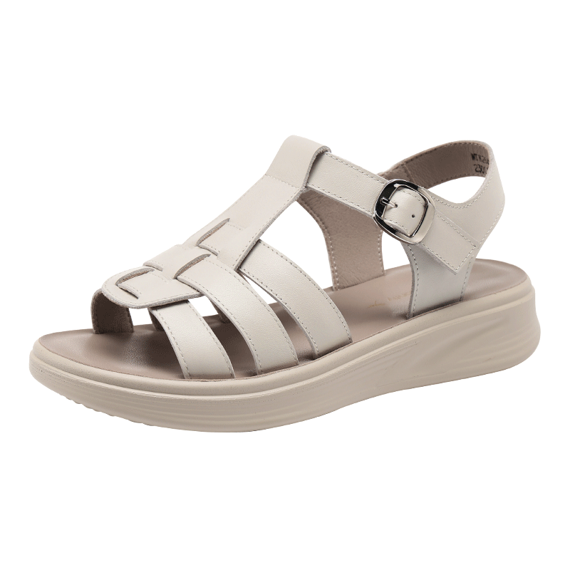 Red Dragonfly Women's Soft Sole Open Toe Leather Roman Sandals Breathable Height Increasing Velcro Pig Cage Shoes WTK264912 Off-White Size 38