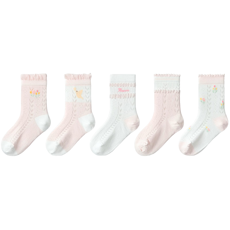 Balabala [balaOne] Children's Summer Mesh Breathable Girls' Short Socks Sweet Style 5 Pairs Set