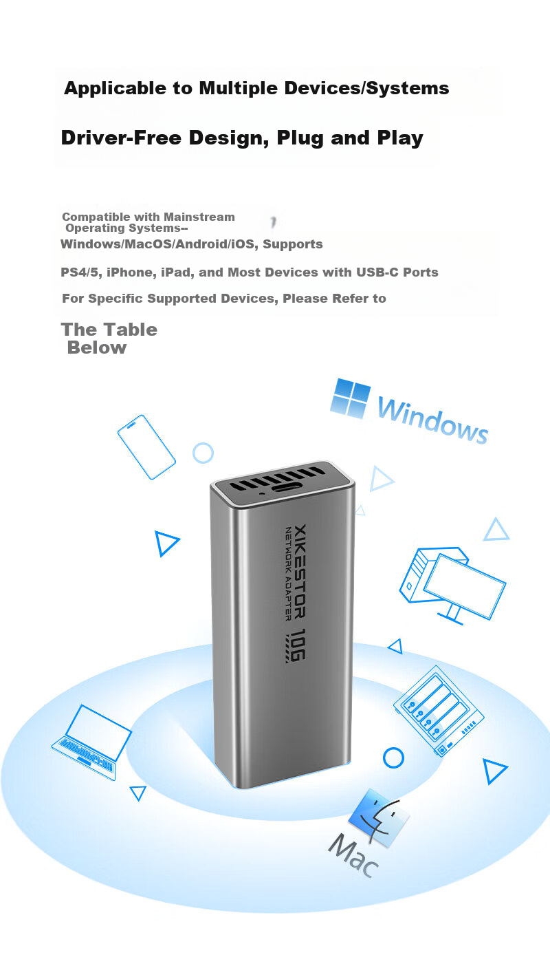Xike USB to 10G Ethernet Wired Network Adapter Type-C Compatible with USB4 Thunderbolt 3/4/5 USB3.2 to 10G RJ45 Network Card for Laptop and Mobile SKN-U310GT 7