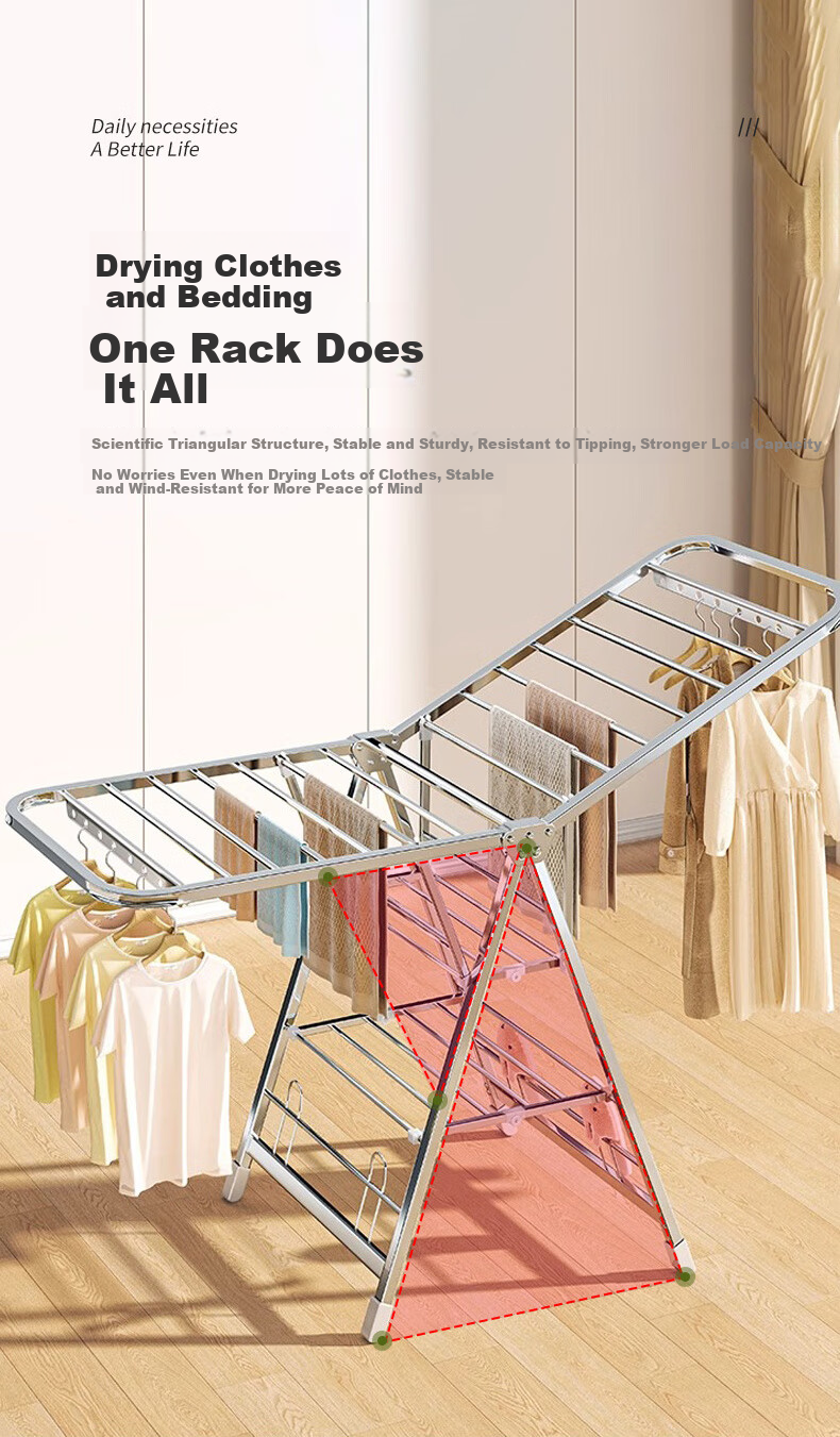 40,000 Kilometers Folding Floor Clothes Drying Rack Stainless Steel Balcony Wing-Shaped Indoor Outdoor Laundry Rack 2