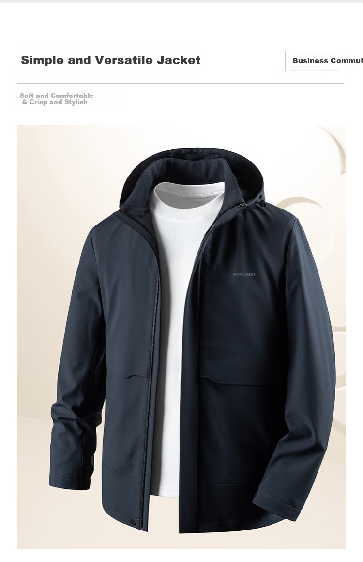 MONTAGUT Men's Jacket Hooded Removable Mulberry Silk Modal Autumn Water-Repellent Wrinkle-Free Windbreaker 5