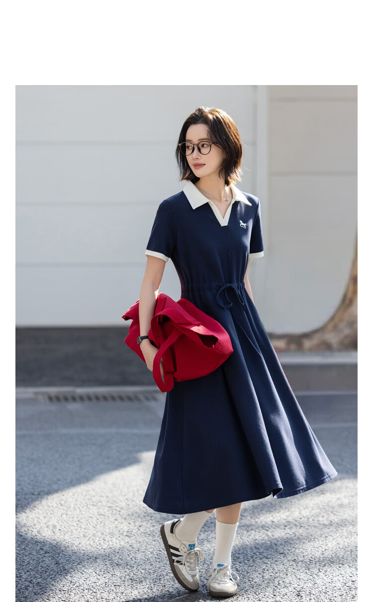Demana [Smart Sense Academy] Summer Color-Block Spliced Embroidered Polo Collar Short Sleeve Waist-Slimming Dress for Women Premium Quality 5
