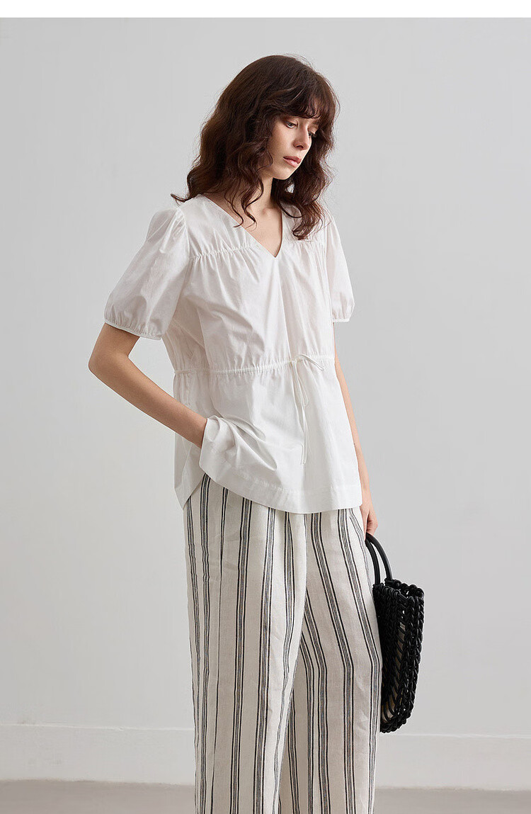 Demana Pure Cotton Light Life Summer Minimalist V-Neck Drawstring Shirt Loose Comfortable Short Sleeve Blouse Women's Top 16