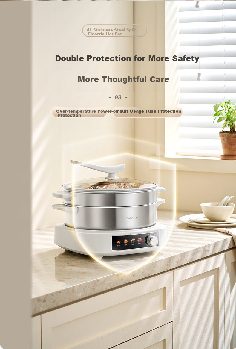 Bear 0-Coating Electric Hot Pot, Non-Stick Detachable Multi-Functional Stainless Steel Electric Cooker, 4L, Suitable for 4-6 People, Model 40S1 13