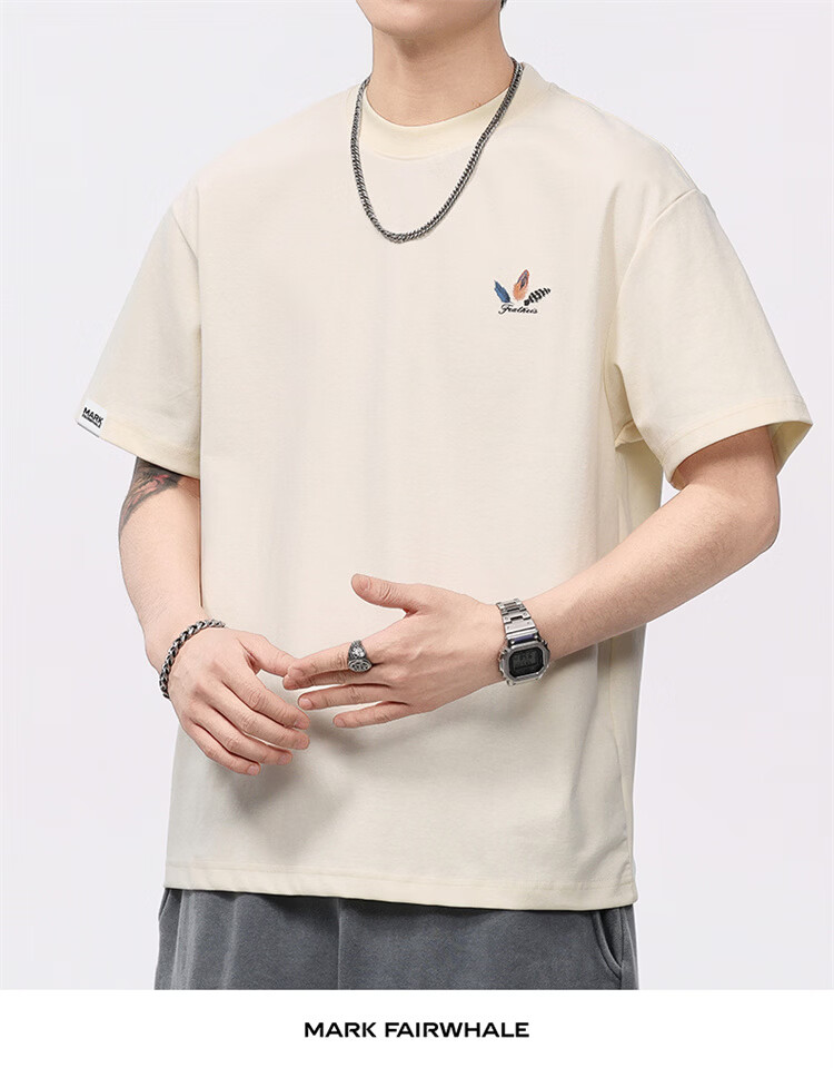 MARK FAIRWHALE Men's Summer Heavyweight Cotton Short Sleeve T-Shirt Fashion Printed Casual Tee Apricot S 5
