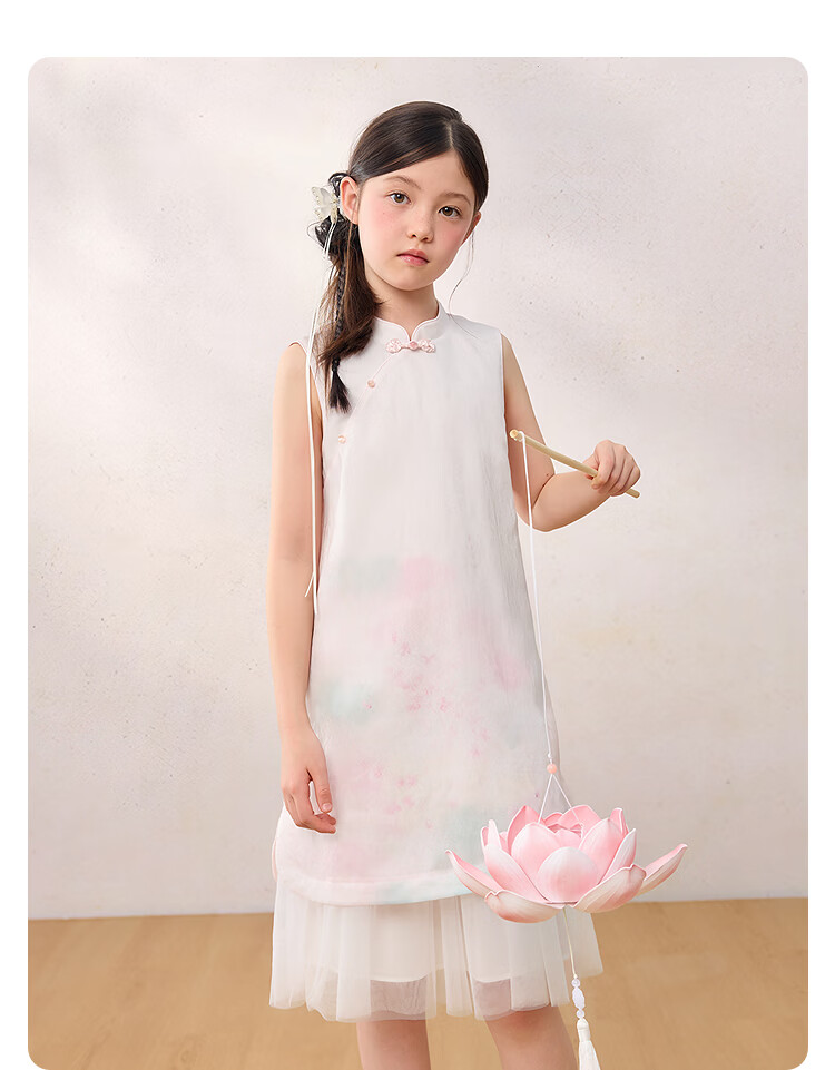 Balabala Girls Dress Children's Dress 2026 Summer New Baby New Chinese Style Qipao Dress Spliced Mesh Sweet 16