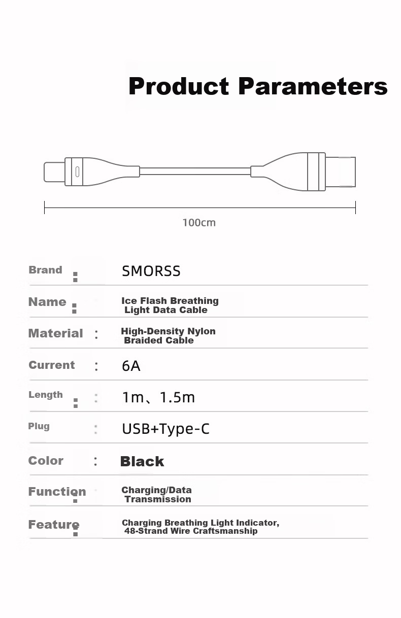 Smorss Type-C Data Cable 6A Super Fast Charging 100W/88W/66W/40W Compatible with Huawei Honor Xiaomi Charging Cable Pura80 Android Phone Tablet - Ice Crystal White 1.5m 13