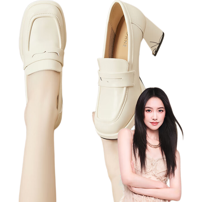 DAPHNE Women's High Heel Loafers Spring Autumn New Retro British Style Professional Work Slip-On Shoes Off-White 39