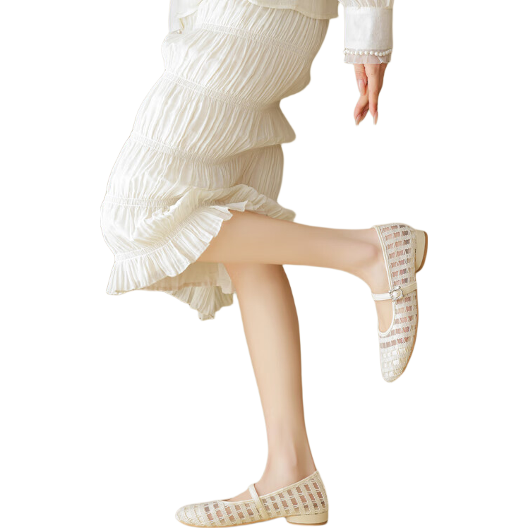 DAPHNE Women's Beige Mesh Breathable Hollow-out Mary Jane Flats 2025 Summer, Size 39