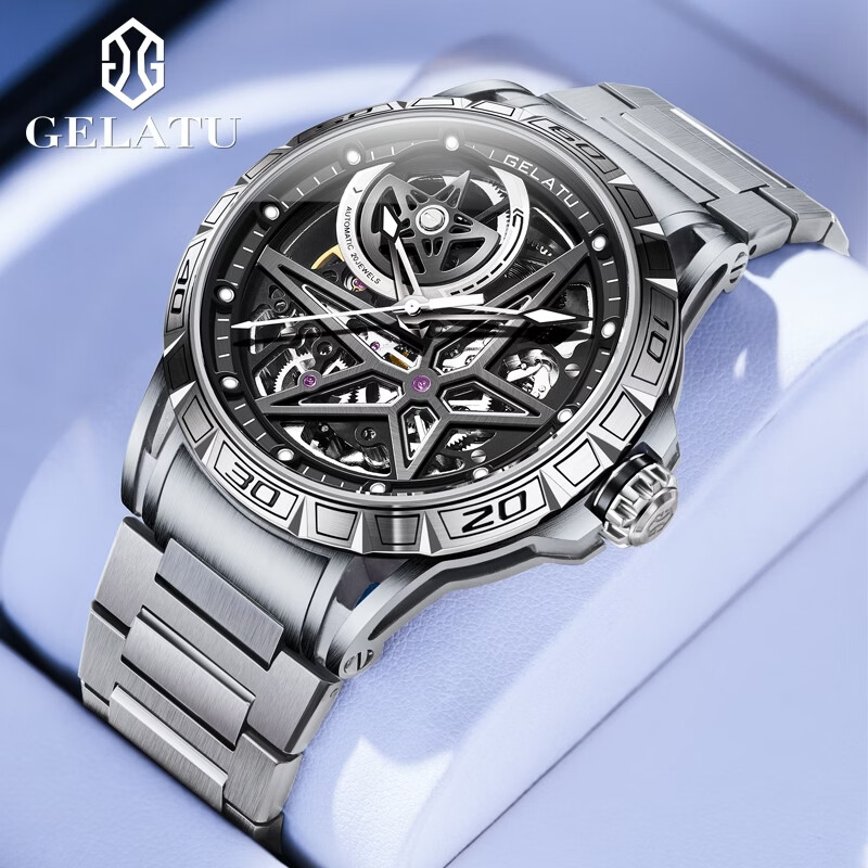 GELATU Men's Automatic Skeleton Mechanical Watch Waterproof Luminous Luxury Fashion Trendy Wristwatch