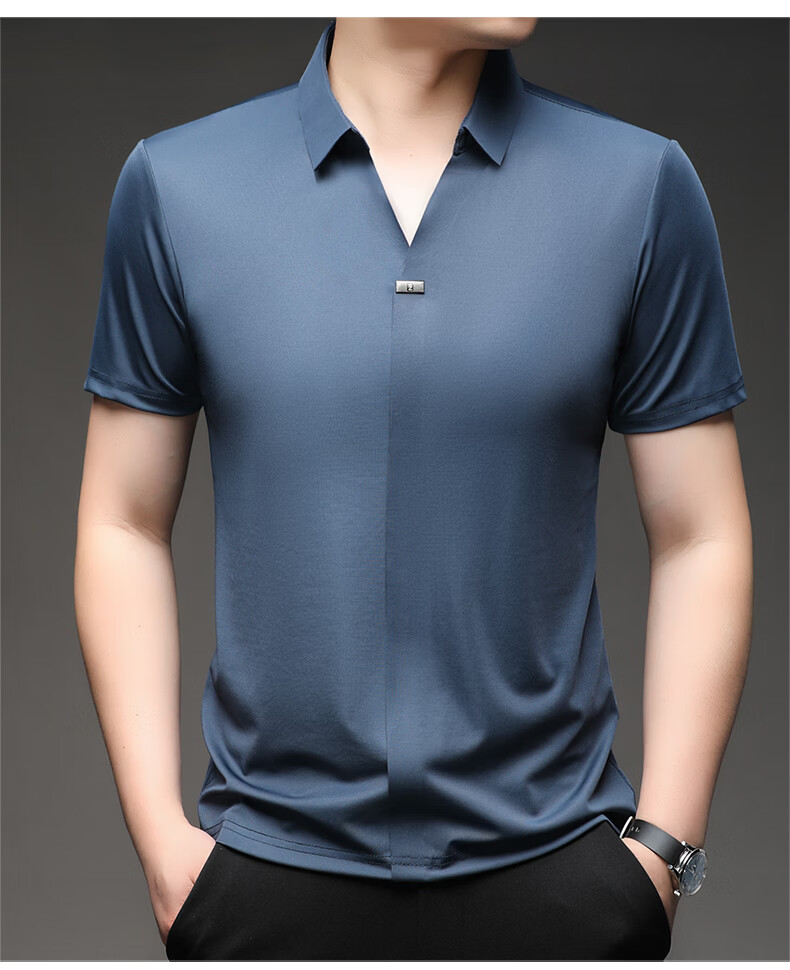Pierre Cardin Men's Short Sleeve T-Shirt Ice Silk Seamless Slim Fit High-End Business Polo Shirt Blue M Summer 2026 New 13