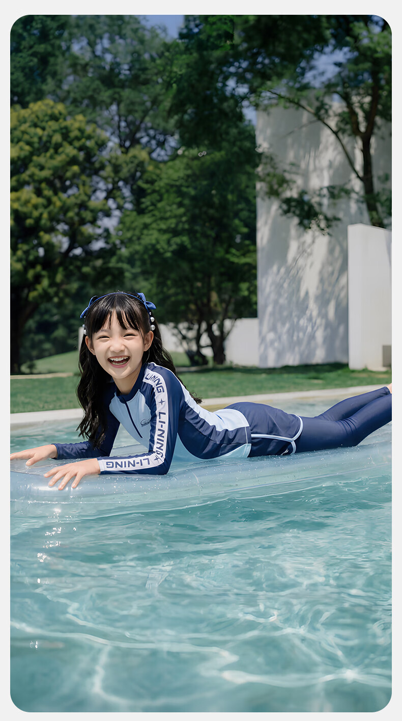 LI-NING Kids Girls Long Sleeve Long Pants Sunscreen Warm Split Professional Surfing Swimsuit Swimming Gear 1352 Blue 160 9