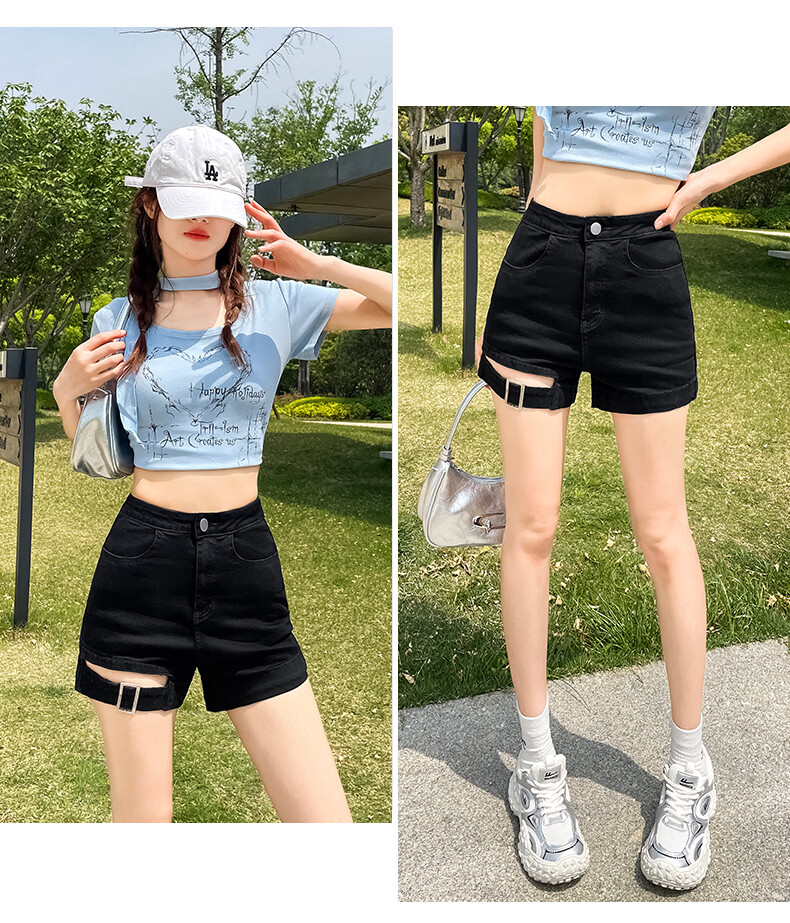 Jeanswest Women's Denim Shorts 2026 Spring Summer High Waist A-Line Slim Functional Style Hot Pants Black M 12