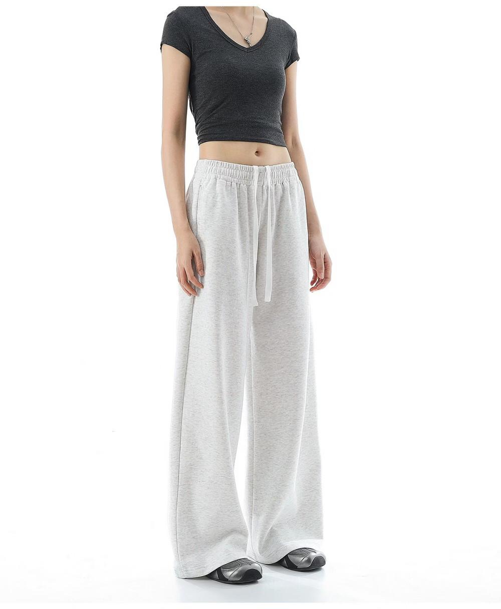 ICH MODE Solid Color Drawstring Women's Sports Pants New Loose Straight-Leg Draped Wide-Leg Casual Trousers Navy Blue S 35