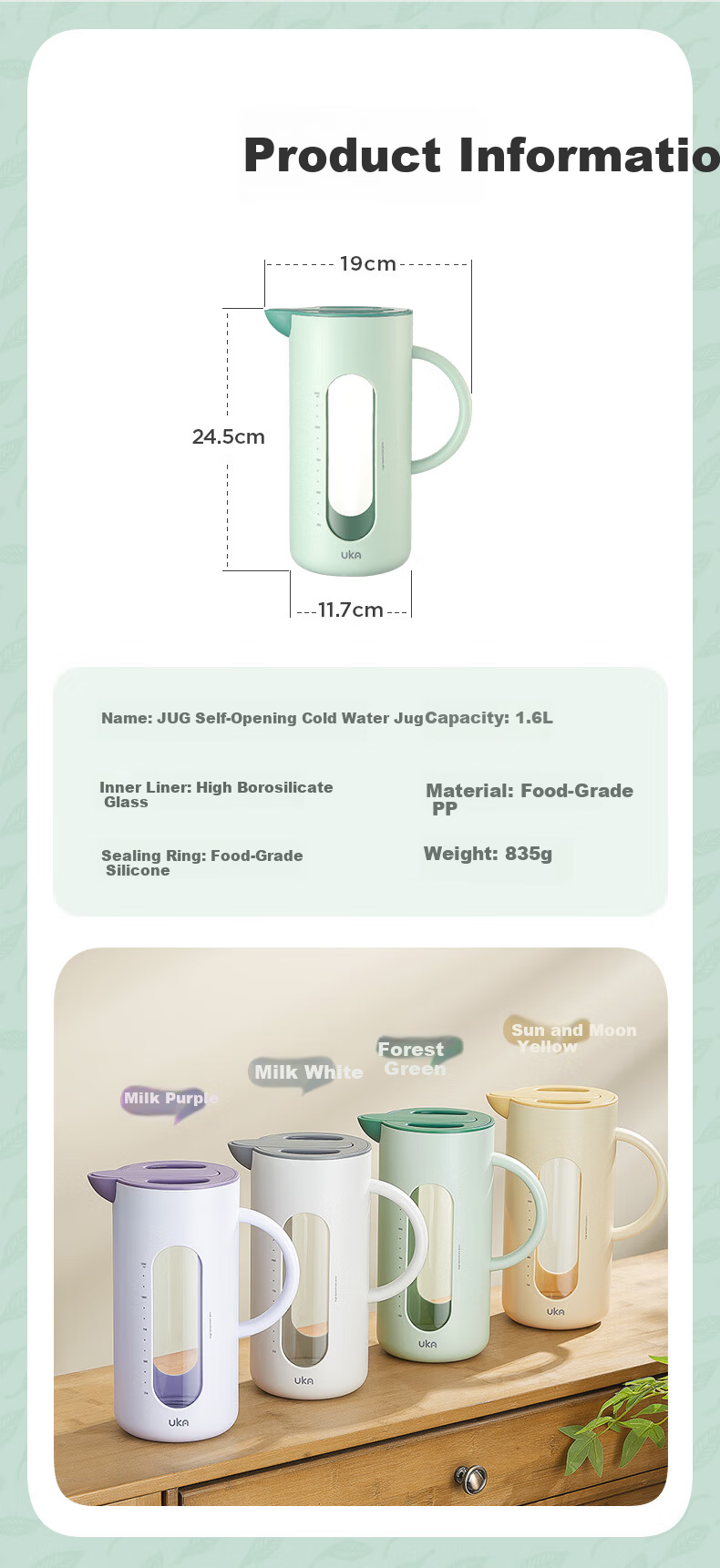 UKA Glass Water Pitcher Cold Water Jug High Temperature Resistant Large Capacity Household Tea Kettle Purple 12