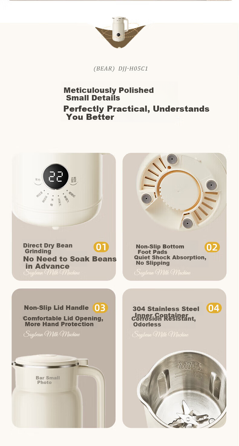 Bear Soy Milk Maker Blender Fully Automatic Small 1-2 Person Food Processor Dry Beans No Soaking Direct Grinding No Filtering Auto Keep Warm Fast Soy Milk 0.6L DJJ-H05C1 16