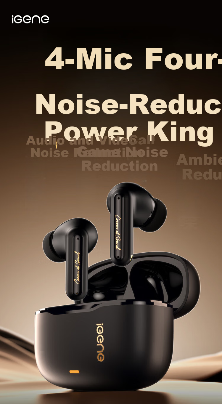 IGene 4-Mic Noise Cancelling All-in-One 6.0 Bluetooth In-Ear Active Noise Cancelling Wireless Music Gaming Earphones Long Battery Life Compatible with Huawei Apple Xiaomi Oppo OnePlus Vivo 3
