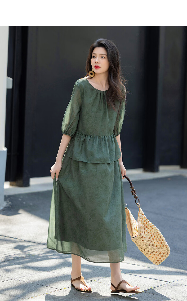 Demana [Bamboo Breeze] Summer Faux Two-Piece Ruffle Vintage Print Slimming Lightweight Flowing Women's Dress 5
