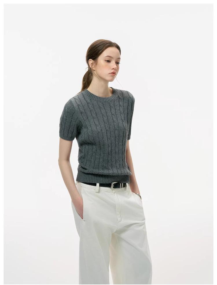 ICH MODE Intelligent Old Money Round Neck Cable Knit Short Sleeve Women's Summer Thin Mesh T-Shirt Pure Cotton Base Top Spring Off-White S 38