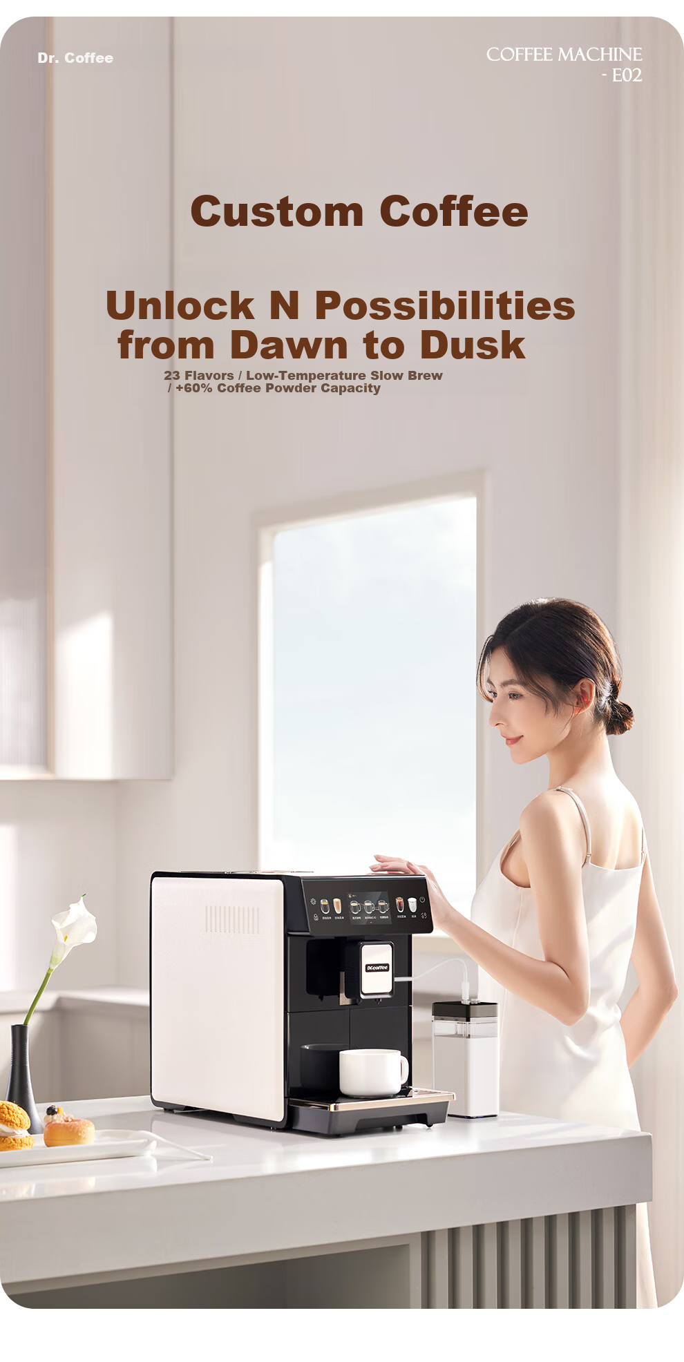 Dr.coffee E02 Brown Home Coffee Maker Fully Automatic Small Integrated Grinder Hot and Cold Drinks One-Touch Cold Brew Fresh Coffee 6