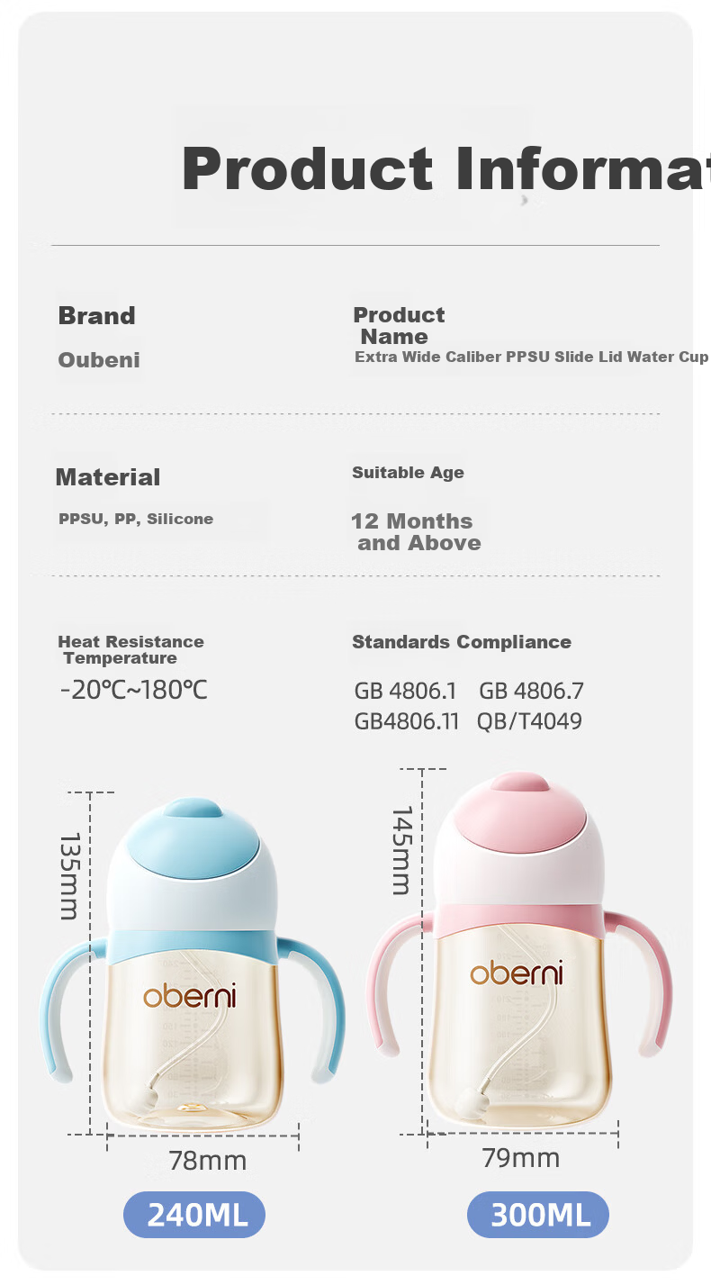 Oubeni PPSU Children's Training Drinking Cup Kindergarten Primary School Direct Drinking Water Cup with Handle Straw Anti-Choking Anti-Drop Slide Cover Water Bottle 17