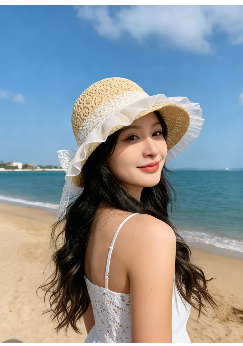 GLO-STORY Women's Lace Bow Straw Hat Summer Breathable Wide Brim Sunshade Sunscreen Beach Hat 8