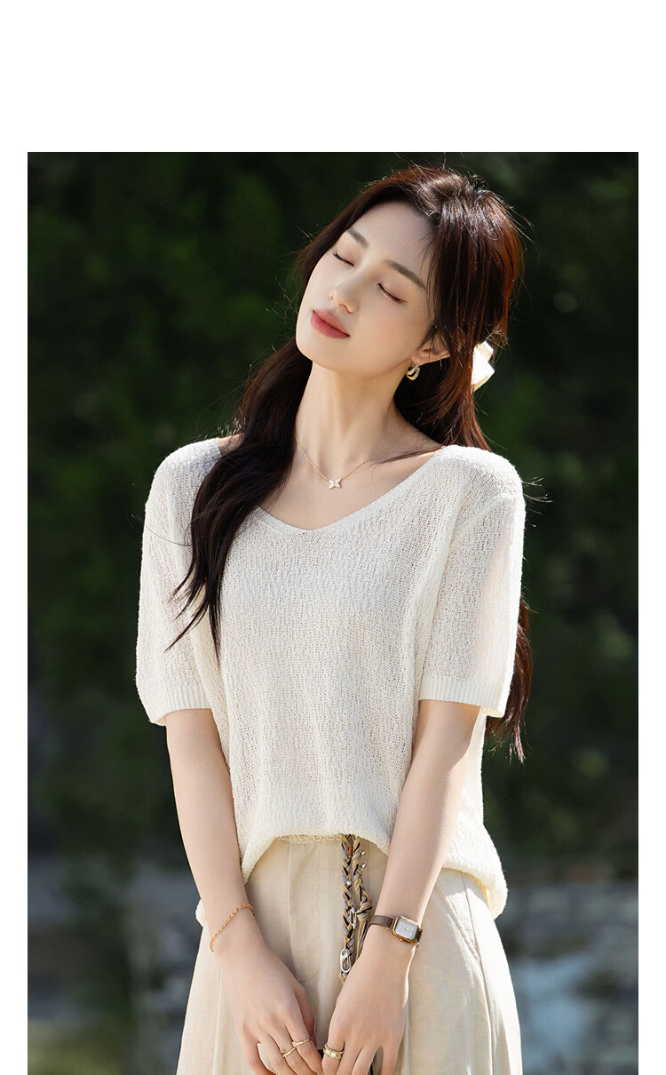 Demana [with Lyocell/Cotton] Summer Glossy V-Neck Textured Jacquard Loose Slim Knit Sweater for Women Premium 11