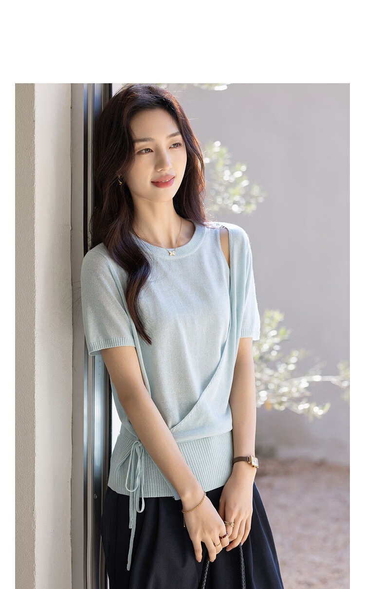 Demana [with Linen Lyocell] Summer Elegant Asymmetric Design Adjustable Tie Slim Knit Top for Women Premium 11