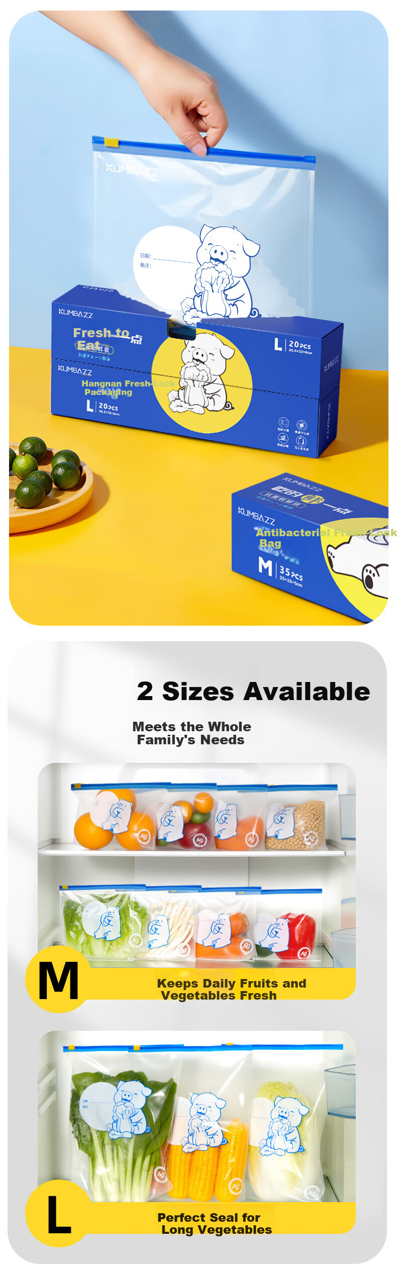 KUMBAZZ Fresh-Keeping Sealed Slider Antibacterial Food Storage Bags for Refrigerator, 20 Large Bags 12