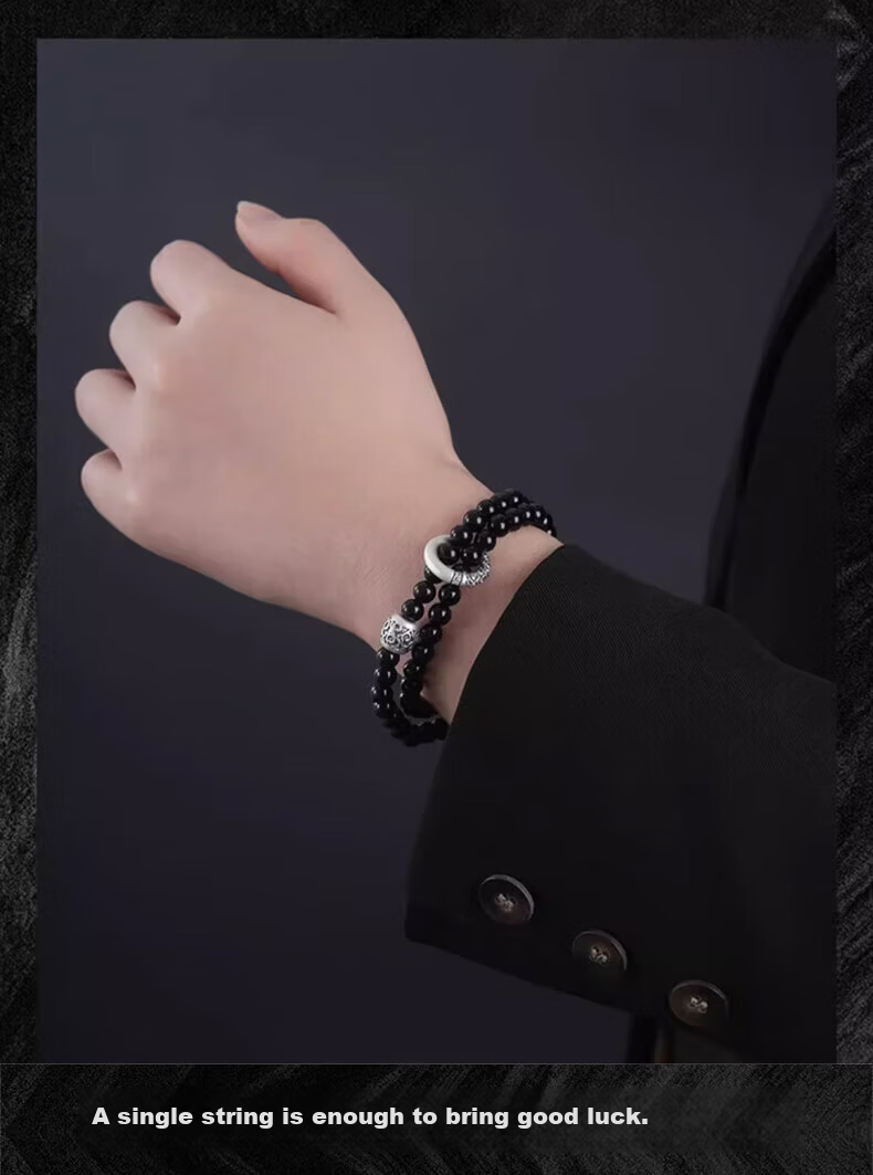 Chow Tai Fook [1000+ Stores] Obsidian Double-Layer Bracelet Men's Beaded Bracelet Birthday Gift for Boyfriend 11