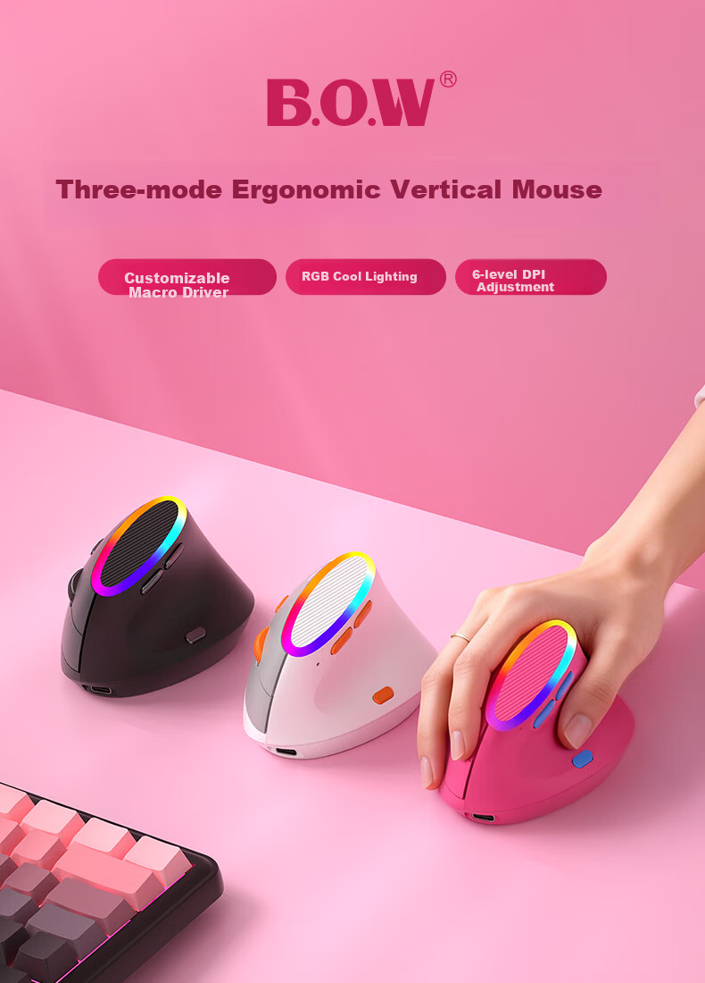 B.O.W Hangshi MD470BL Ergonomic Tri-Mode Mouse Wired Wireless Bluetooth Rechargeable Silent White Gray for Laptop Desktop iPad Huawei Xiaomi Phone 2