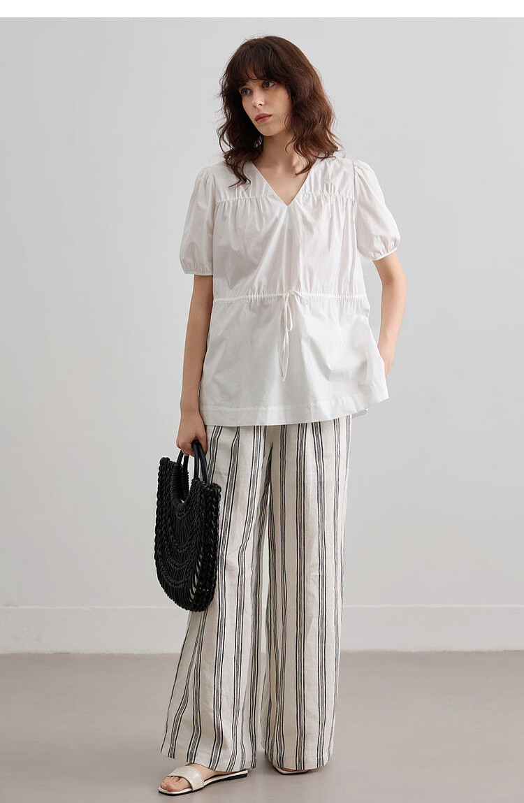 Demana Pure Cotton Light Life Summer Minimalist V-Neck Drawstring Shirt Loose Comfortable Short Sleeve Blouse Women's Top 17