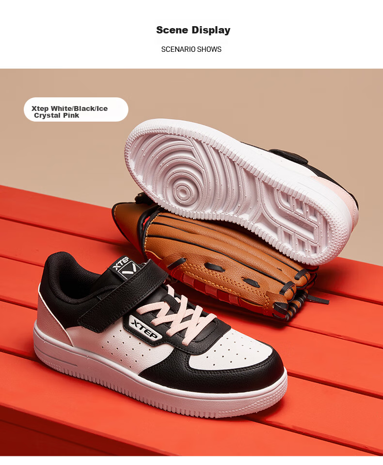 XTEP Kids Sneakers Girls Donut Leather Breathable Sports Shoes XTEP White/Black/Ice Pink Size 36 1