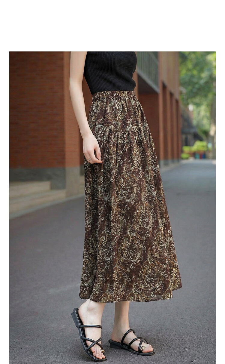 Demana Urban Light Shadow Summer Elastic Waist Patchwork Pleated Decorative Printed Loose Slimming High-End Women's Skirt 11