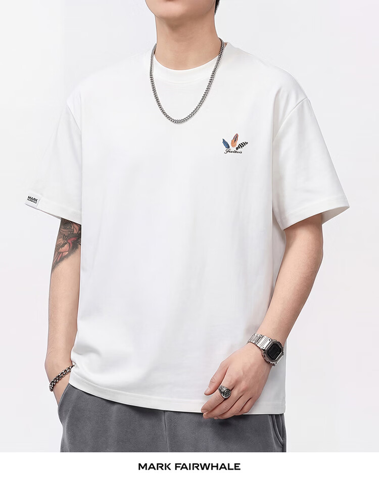 MARK FAIRWHALE Men's Summer Heavyweight Cotton Short Sleeve T-Shirt Fashion Printed Casual Tee Apricot S 14